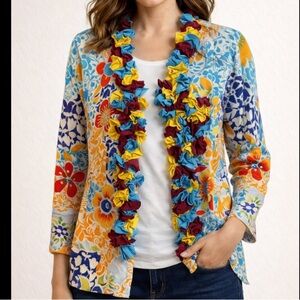 Floral blooming petals printed ruffled lightweight cardigan sweater ooak M